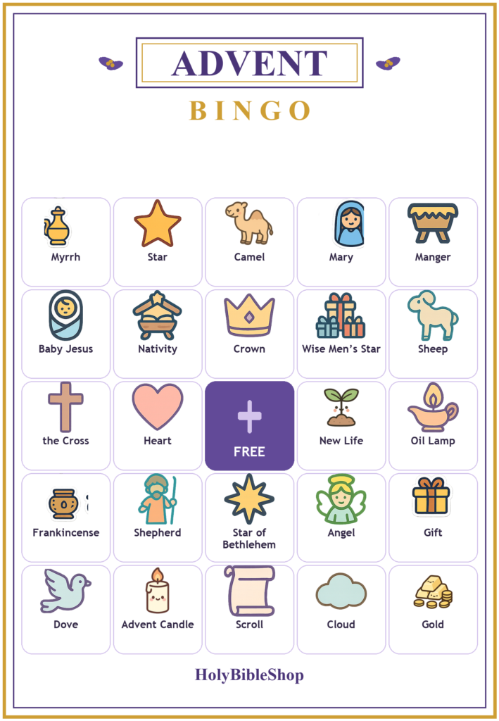 Advent Bingo, 60 Printable Christian Cards, Christmas Countdown Game, Sunday School Activity, Kids Bible Game, Nativity Bingo