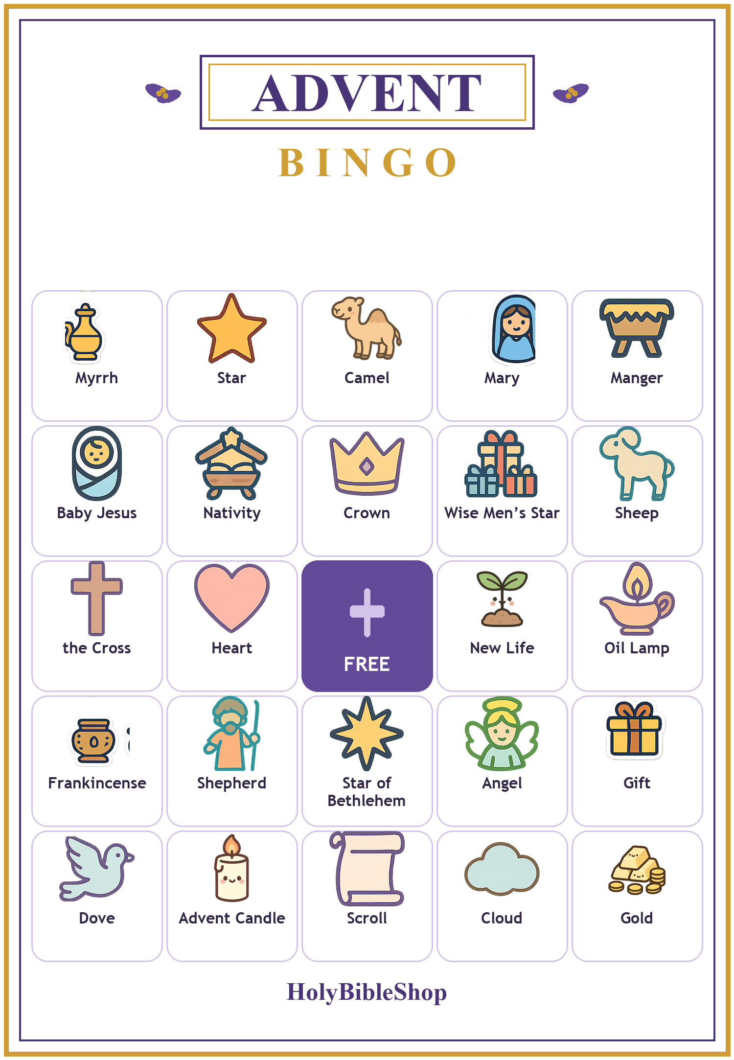 Advent Bingo, 60 Printable Christian Cards, Christmas Countdown Game, Sunday School Activity, Kids Bible Game, Nativity Bingo