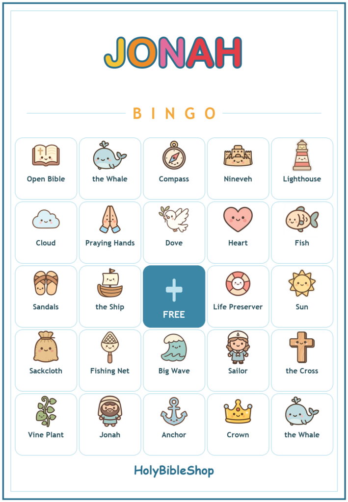 Jonah and the Whale Bingo, 60 Printable Christian Cards, Bible Story Game, Sunday School Activity, Kids Bible Game, Scripture Study