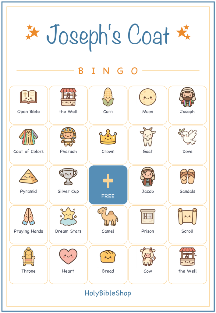 Joseph and His Coat of Many Colors Bingo, 60 Printable Christian Cards, Bible Story Game, Sunday School, Kids Bible Game