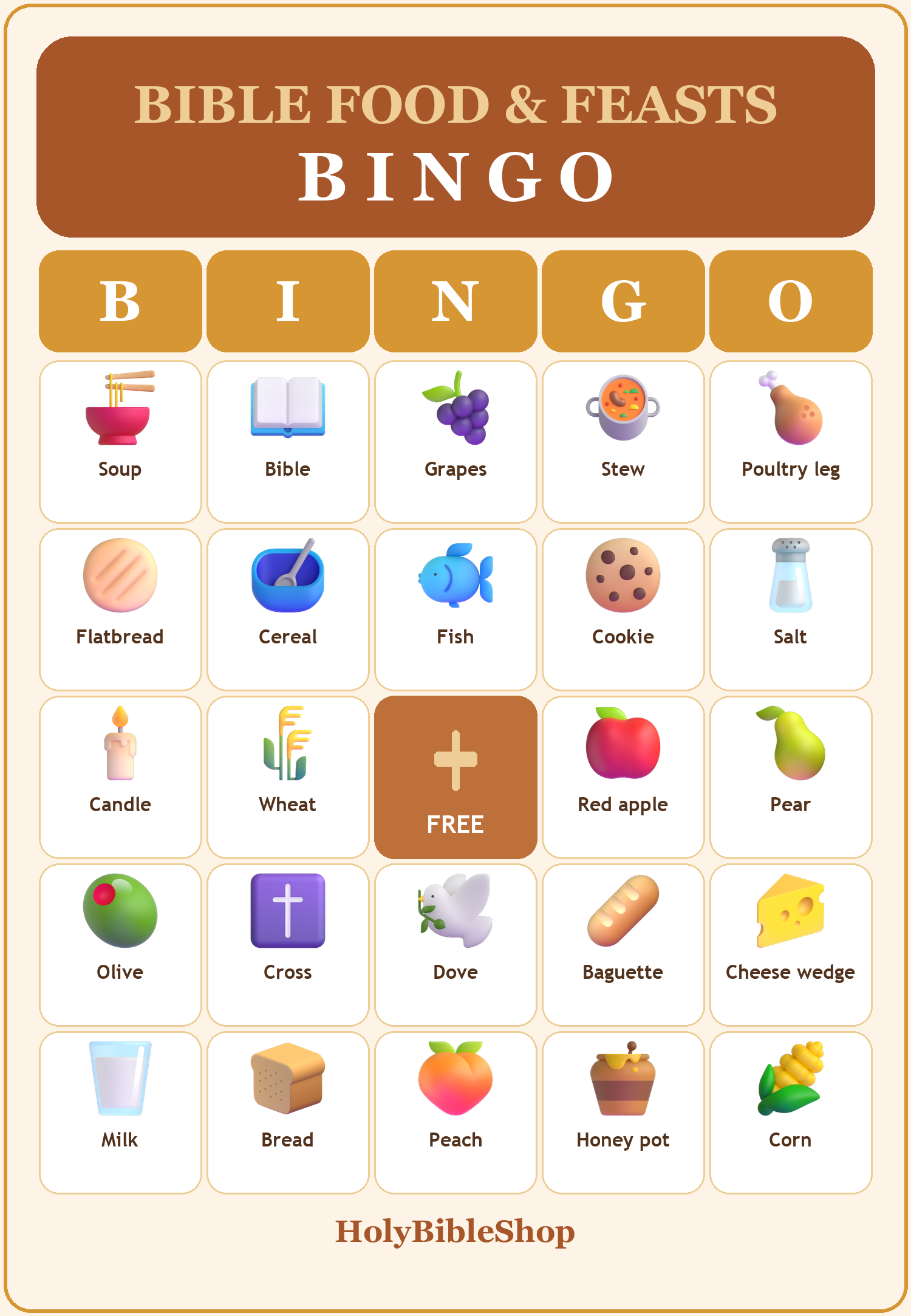 Bible Food and Feasts Bingo, 60 Printable Bingo Cards, Christian Bible Food Feasts Game, Sunday School & Church Activity, Instant Download
