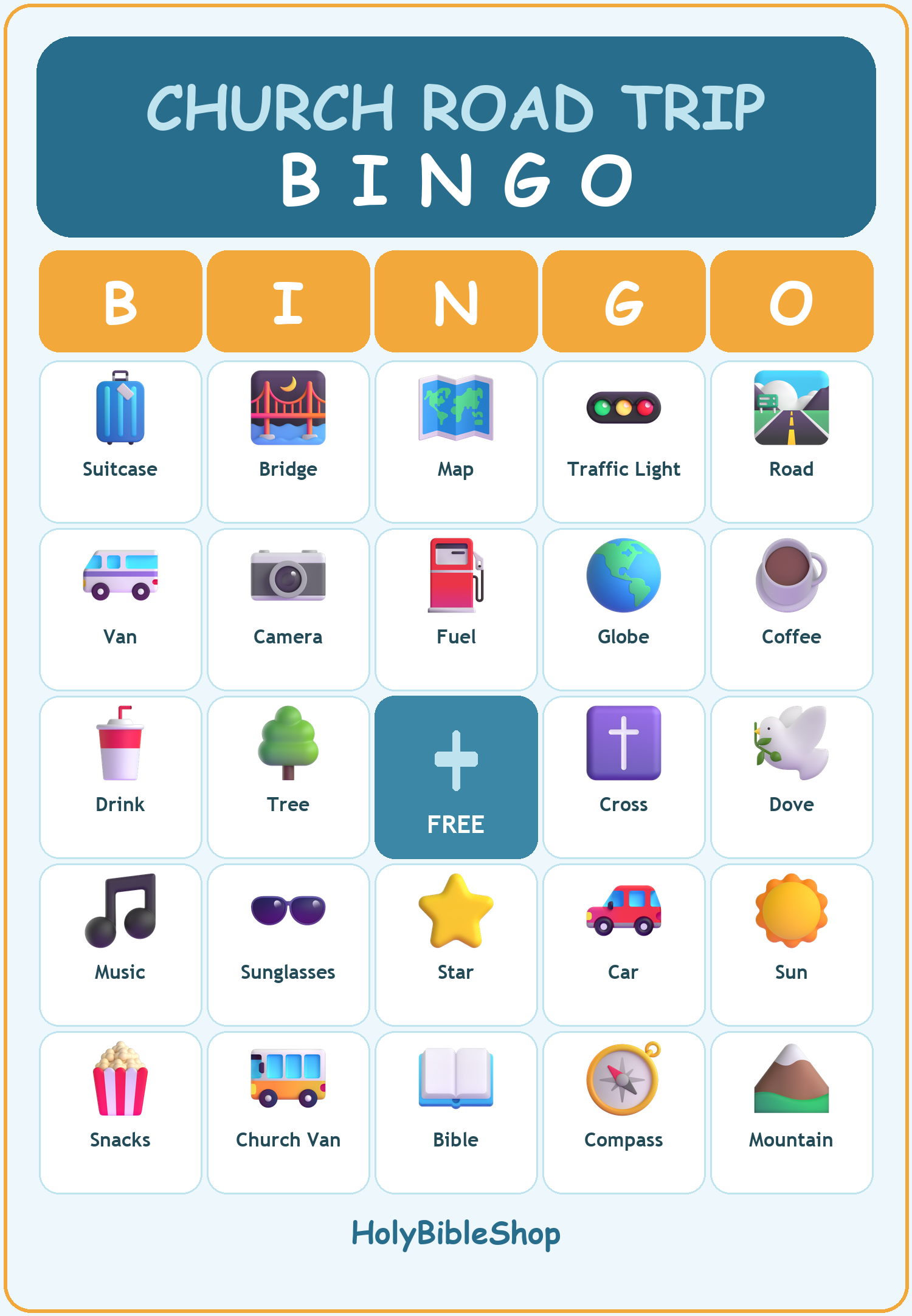 Church Road Trip Bingo, 60 Printable Bingo Cards, Christian Church Road Trip Game, Sunday School & Church Activity, Instant Download