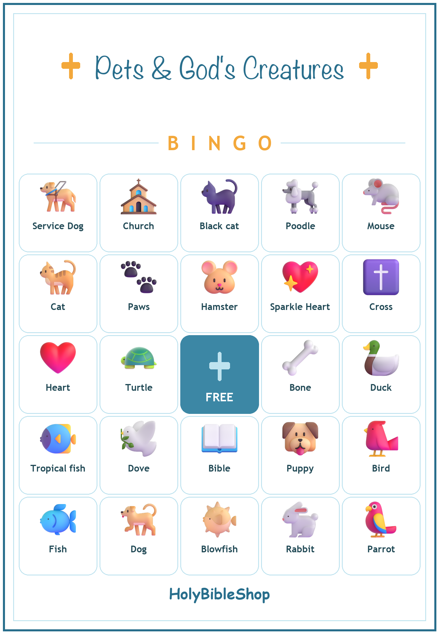 Pets and Gods Creatures Bingo, 60 Printable Bingo Cards, Christian Pets Creatures Game, Sunday School & Church Activity, Instant Download