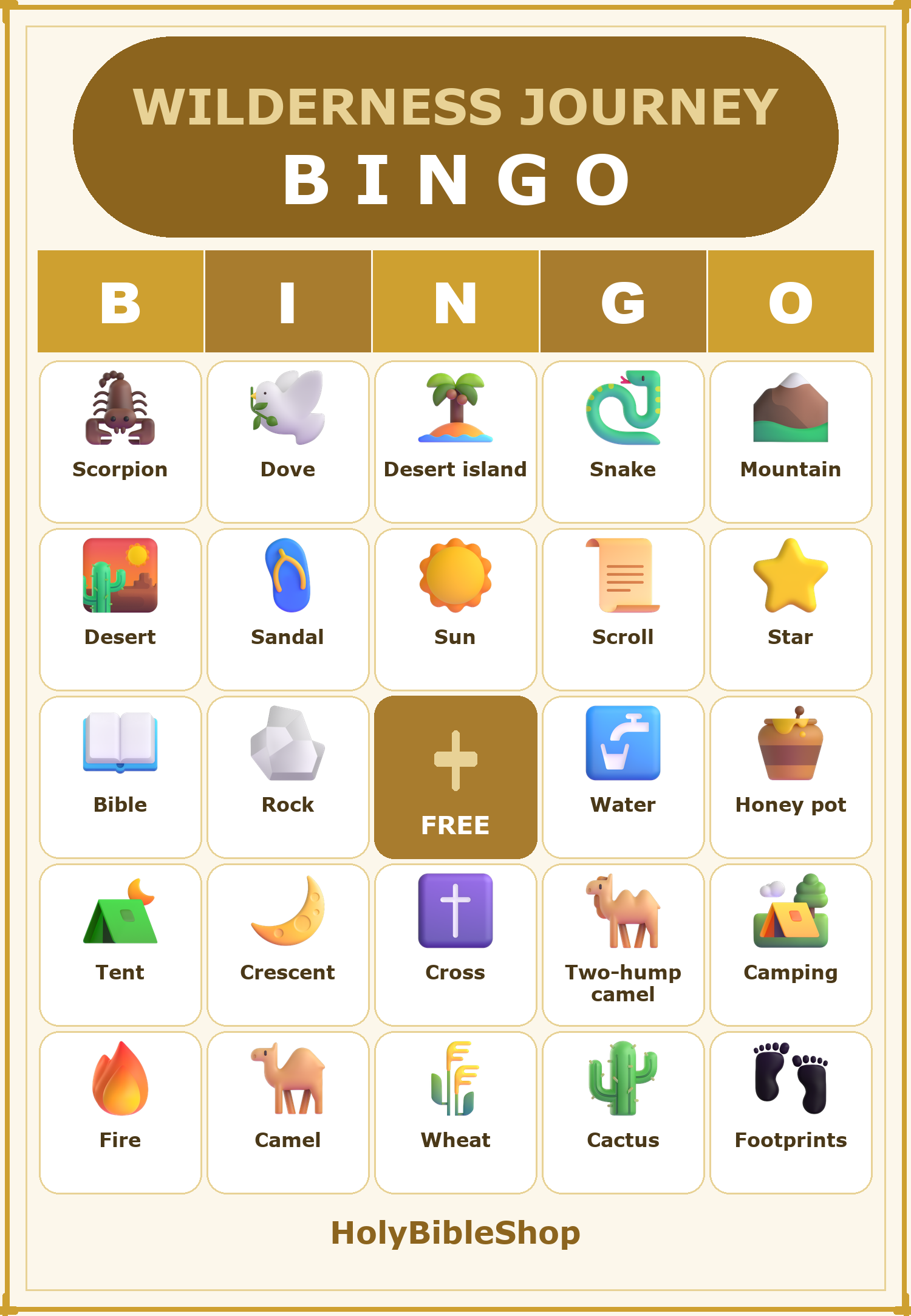 Desert and Wilderness Journey Bingo, 60 Printable Bingo Cards, Christian Desert Wilderness Game, Sunday School & Church Activity