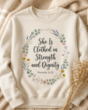 She Is Clothed in Strength and Dignity Sweatshirt, Floral Christian Crewneck, Proverbs 31:25 Bible Verse, Faith Gift for Women